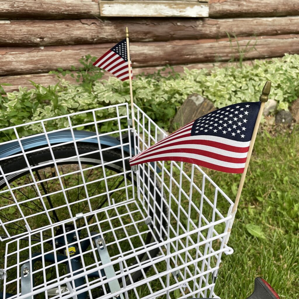 My tricycle basket with American flags on the back corners. 