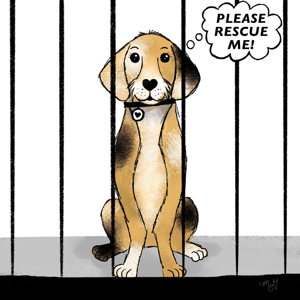 A drawing of Smitty the Mutt behind bars in doggie jail at the animal rescue. His speech bubble reads, "Please rescue me!"