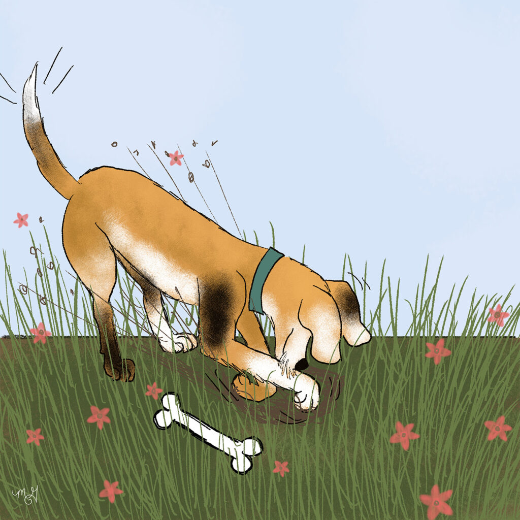 A drawing of Smitty the Dog digging a hole. 