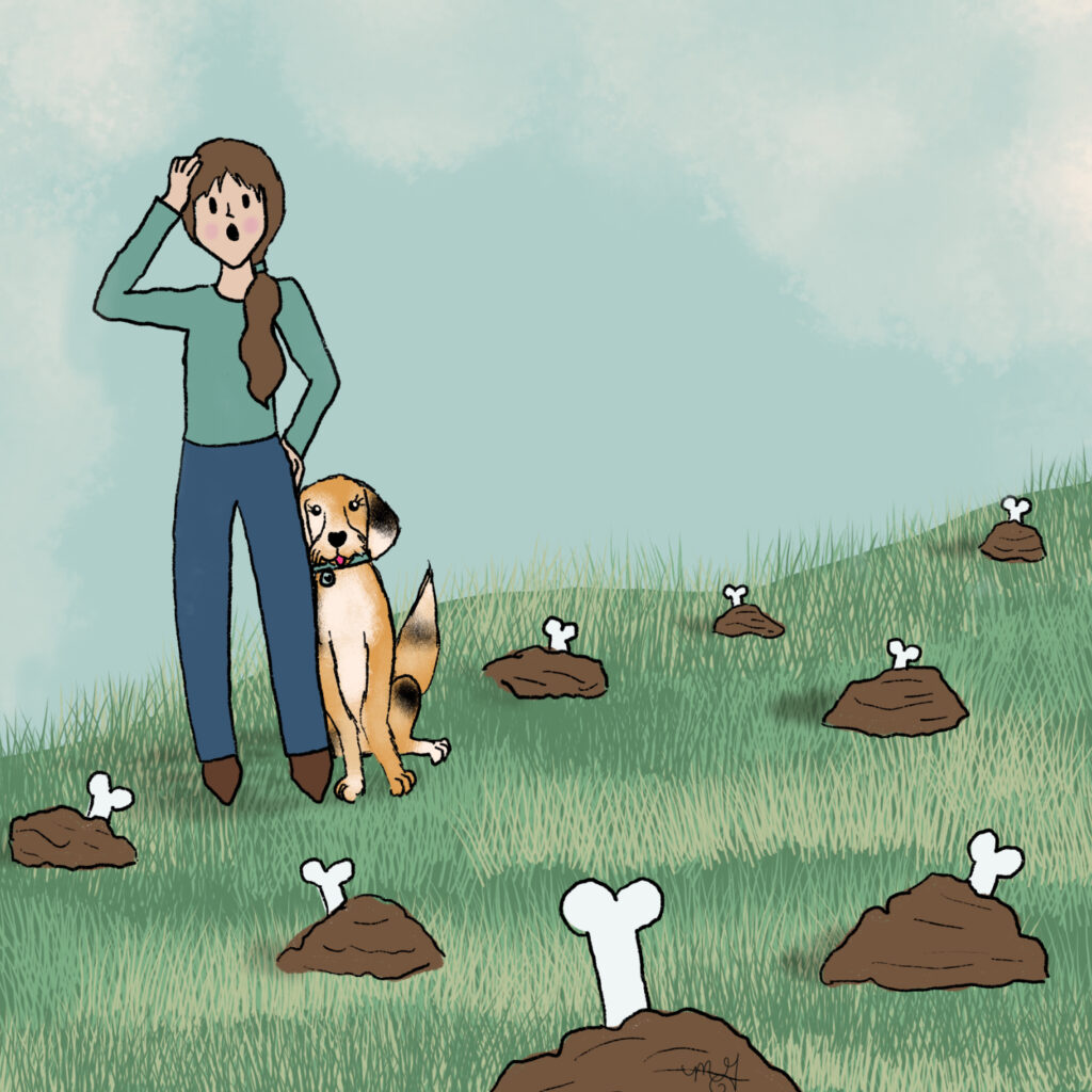 A drawing of Sarah and Smitty looking at a field full of mounds of dirt with bones sticking out of them. 