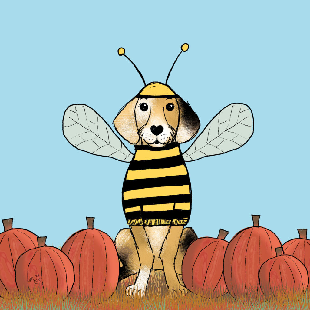 A drawing of Smitty the dog dressed as a bumble bee while sitting in a pumpkin patch. 