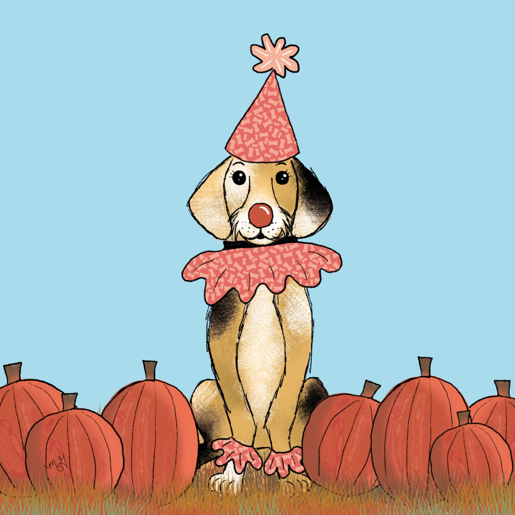 A drawing of Smitty the dog dressed as a clown while sitting in a pumpkin patch. 