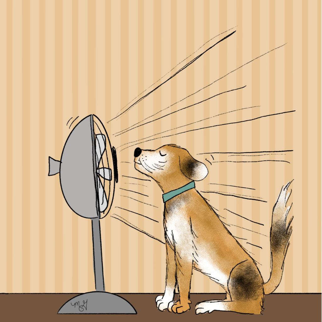 A drawing of Smitty the Dog sitting in front of a fan. His fur looks like it's flapping in the breeze. 