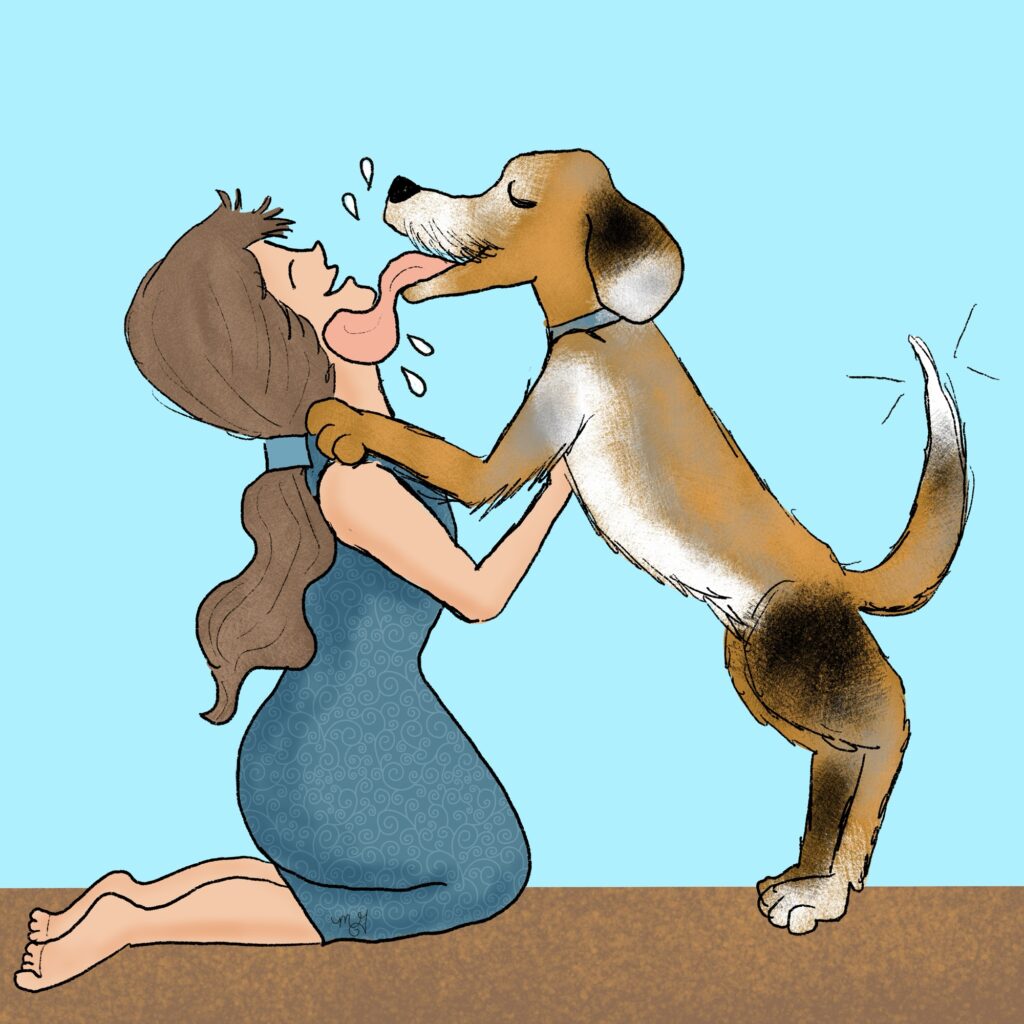 A drawing of Smitty the Mutt jumping into Sarah’s arm and licking her face. 