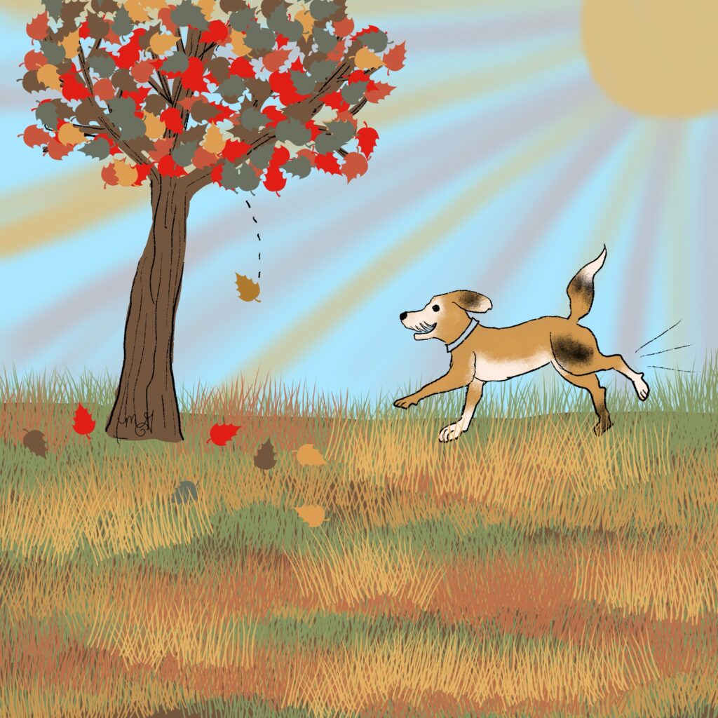 A drawing of Smitty running through a field. A tree filled with autumn leaves is letting a few leaves fall to the ground. 