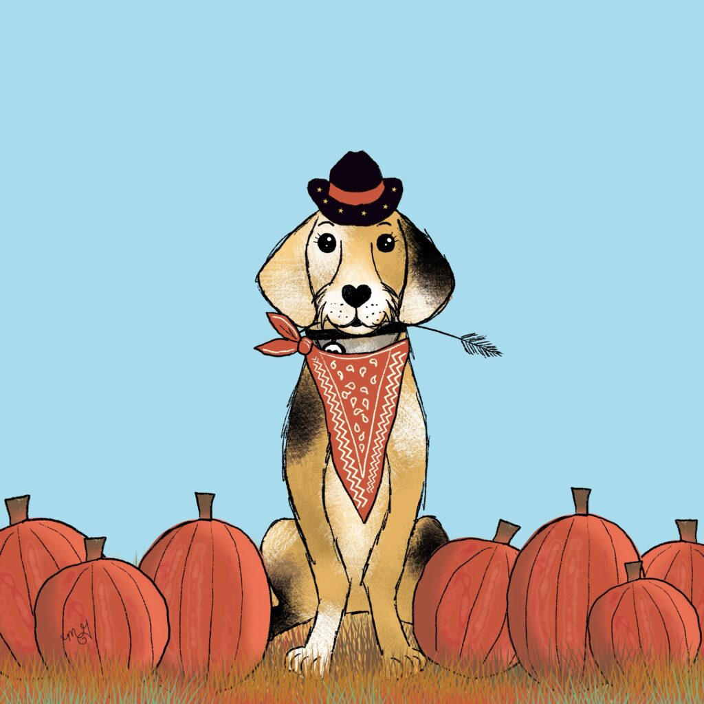 A drawing of Smitty dressed in a cowboy hat and scarf with a sprig of wheat in his mouth. He's sitting in a pumpkin patch. 