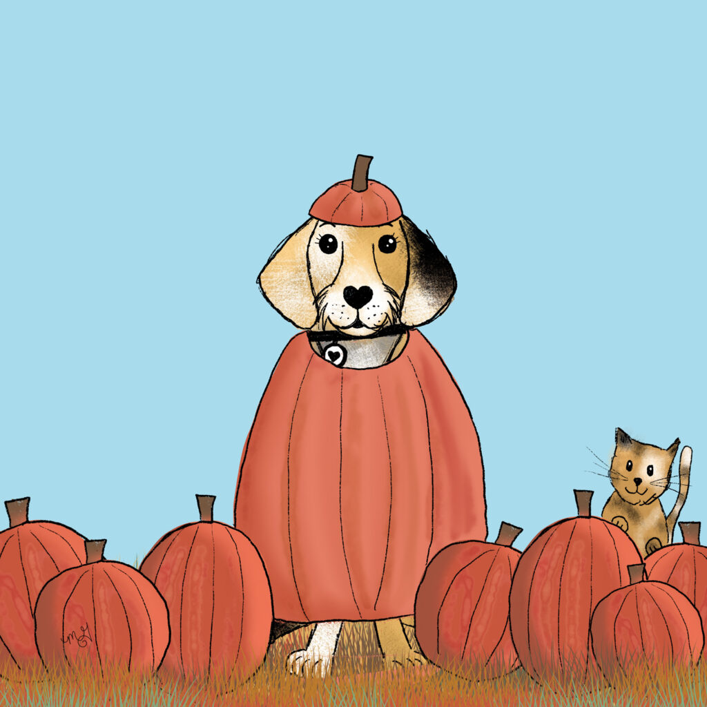 A drawing of Smitty the Dog dressed as a pumpkin while sitting in a pumpkin patch. Crouton the kitty is peeking out from behind a pumpkin. 