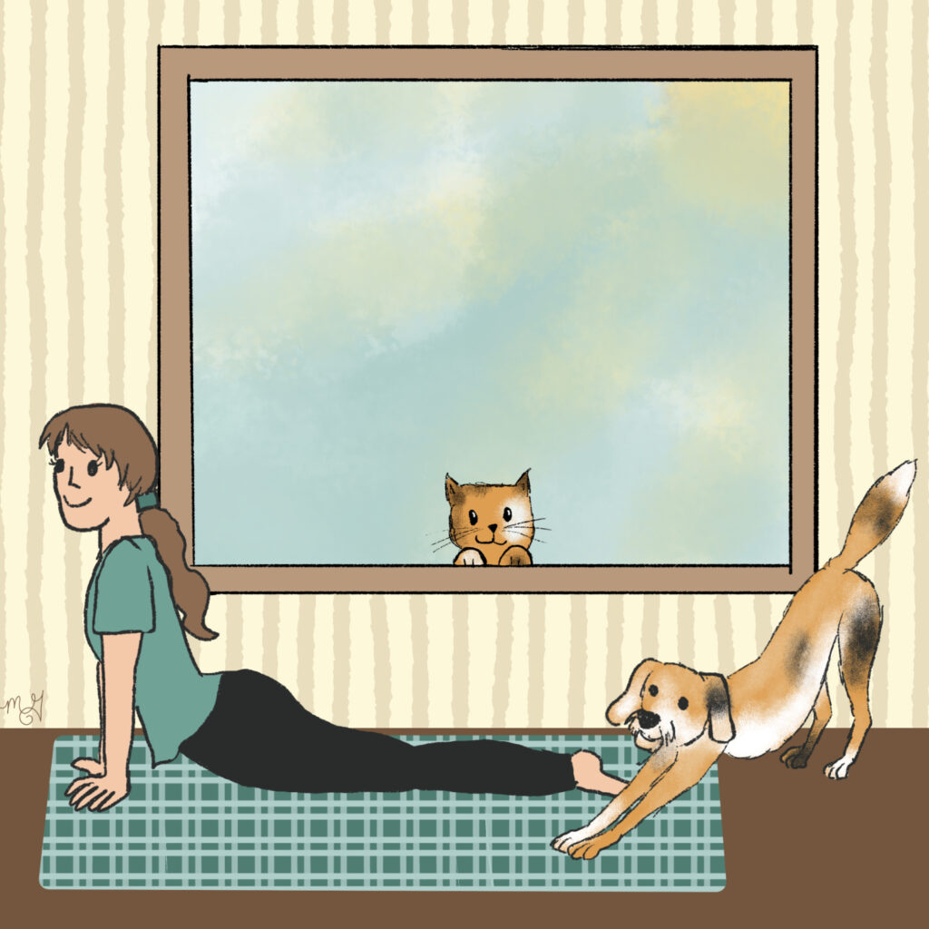 A drawing of Sarah and Smitty stretching on the floor in front of a window. Crouton the cat is peeking into the window. 