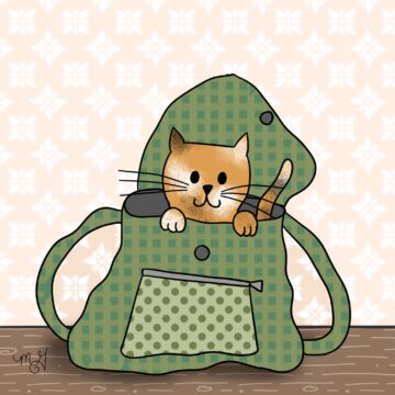 A drawing of a kitty peeking out of a backpack.