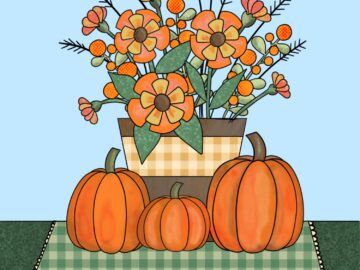 A drawing of a fall bouquet of flowers surrounded by pumpkins.