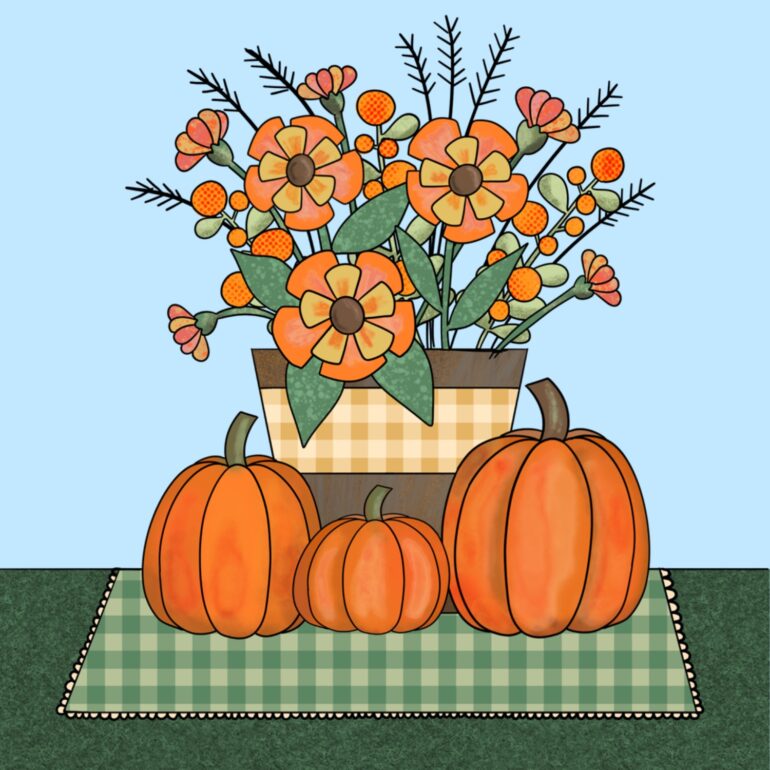 A drawing of a fall bouquet of flowers surrounded by pumpkins.