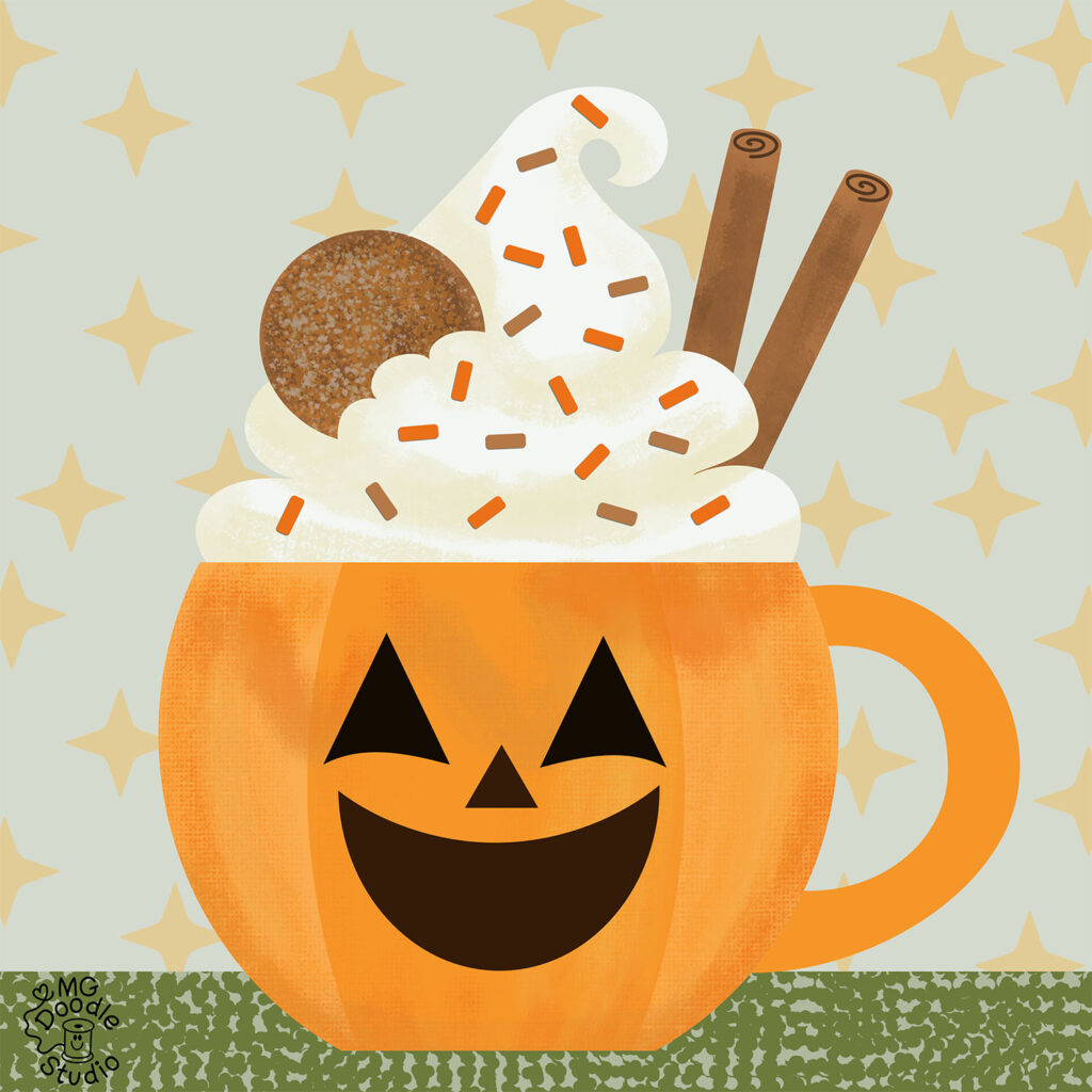 A drawing of a pumpkin-shaped mug with a smiling jack--o-lantern face, filled with whipped cream, sprinkles, cinnamon sticks, and a ginger cookie. 