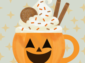 A drawing of a pumpkin-shaped mug with a jack-o-lantern face, filled with whipped cream, sprinkles, cinnamon sticks, and a ginger cookie.