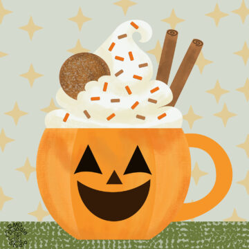 A drawing of a pumpkin-shaped mug with a jack-o-lantern face, filled with whipped cream, sprinkles, cinnamon sticks, and a ginger cookie.