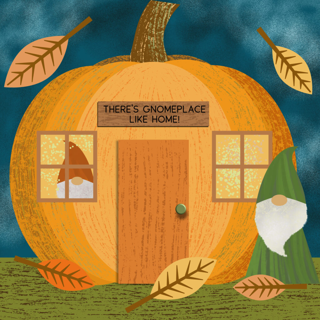 I've drawn a pumpkin house with a door and two windows. A gnome is looking out one window. A second gnome is standing outside the house. 