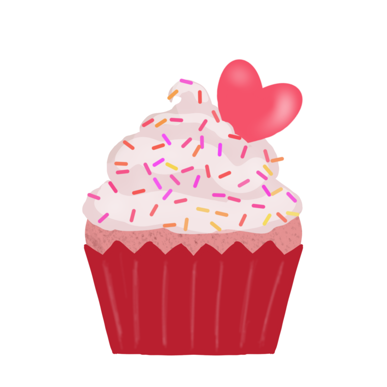 An illustration of a cupcake with a red wrapper, pink cake, and white frosting with sprinkles.