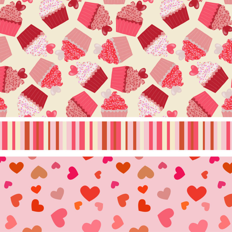 My pattern collection of valentine cupcakes, stripes, and hearts.